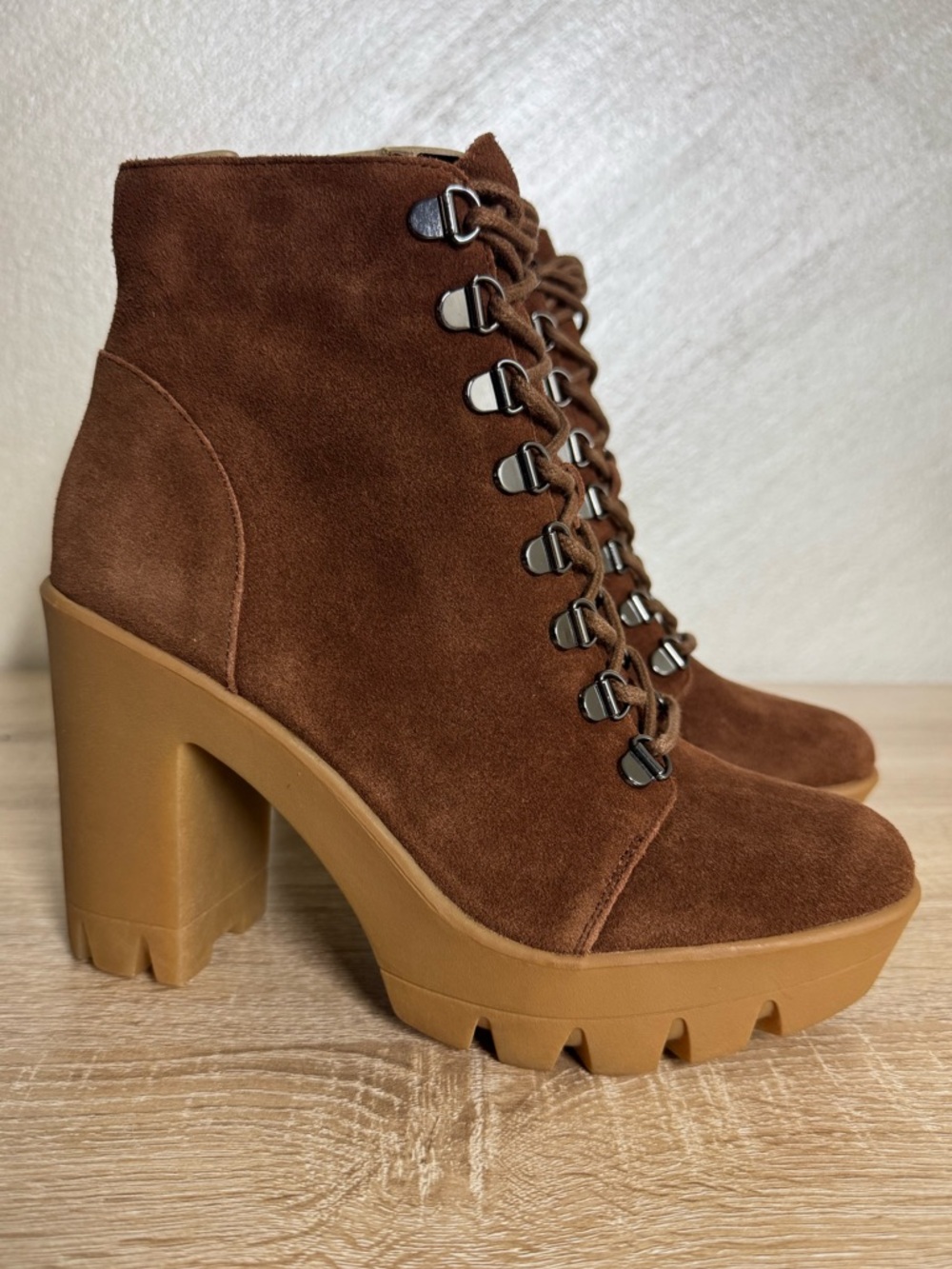 Jessica Simpson Mistah 8.5M Nut Brown Suede Heeled Chunky Platform Combat Boots - Picture 3 of 14